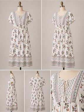 Lapogee Boho Floral Tie-Front Breathable Midi Dress Size L Flutter Sleeve Summer